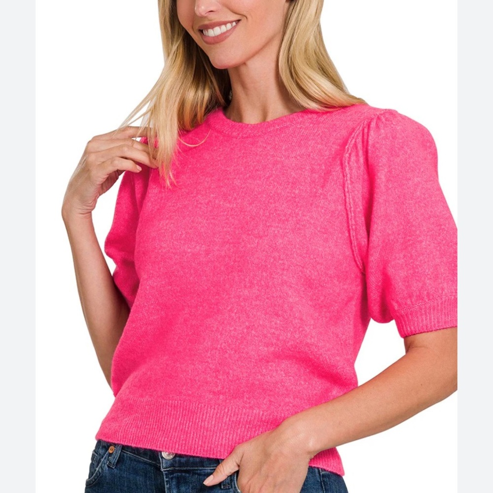 Melange Puff Short Sleeve Round Neck Sweater - Pink